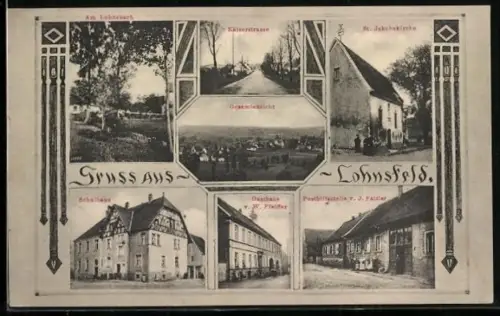 AK Lohnsfeld, Posthilfsstelle v. J. Fattler, Gasthaus v. W. Pfeiffer, Lohnsbach, Schulhaus, St. Jakobskirche