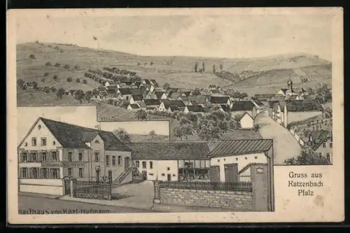 AK Katzenbach /Pfalz, Gasthaus von Karl Hofmann, Ortsansicht aus der Vogelschau