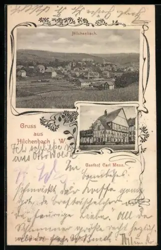 AK Hilchenbach i. W., Gasthof Carl Menn, Blick über den Ort