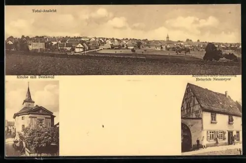AK Kerzenheim /Pfalz, Kolonialwarenhandlung Heinrich Neumeyer, Kirche mit Denkmal