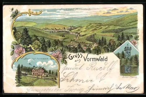 Lithographie Vormwald, Blick nach Hilchenbach, Griller-Thurm und Bahnhof