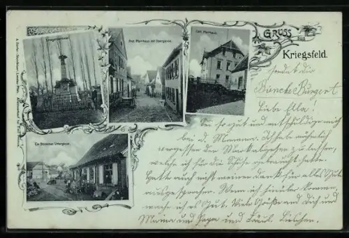 AK Kriegsfeld, Katholisches Pfarrhaus, Kriegerdenkmal, Partie der Untergasse und Protestantisches Pfarrhaus