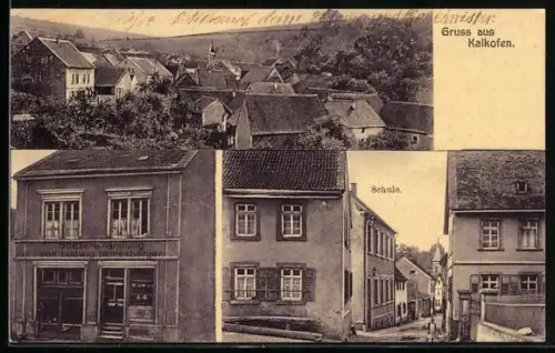 AK Kalkofen / Rheinpfalz, Teilansicht des Ortes, Spezereihandlung von Ludwig Immesberger und Schule