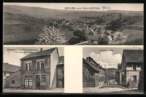 AK Kalkofen / Rheinpfalz, Totalansicht des Ortes, Bäckerei und Colonialwarenhandlung von Heinrich Adam und Strassenpartie