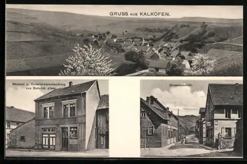 AK Kalkofen / Rheinpfalz, Totalansicht, Bäckerei u. Colonialwarenhandlung von Heinrich Adam, Strassenpartie