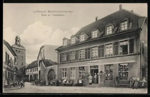 AK Kirchheimbolanden, Partie am Vorstadtturm mit Geschäftshaus Braunewell