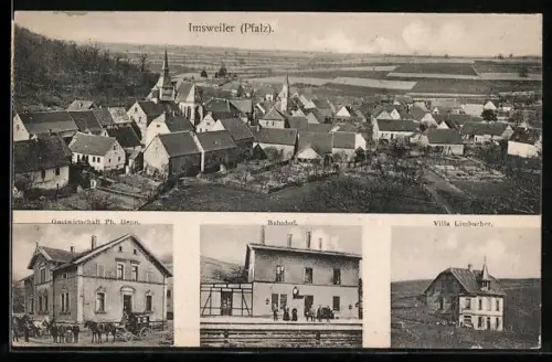 AK Imsweiler /Pfalz, Gesamtansicht, Gastwirtschaft Ph. Henn, Bahnhof, Villa Limbacher