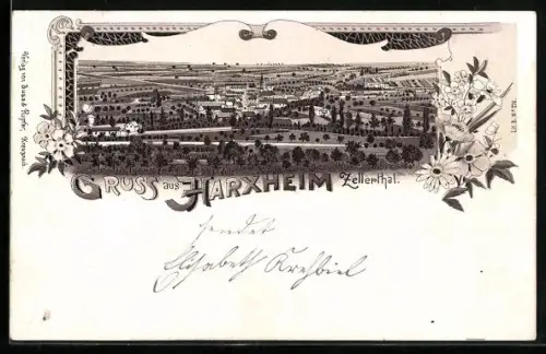Lithographie Harxheim /Zellerthal, Totalansicht des Ortes, mit Blumen geschmückt