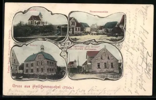 AK Heiligenmoschel, Gasthaus Zur Krone, Schule, Strassenpartie