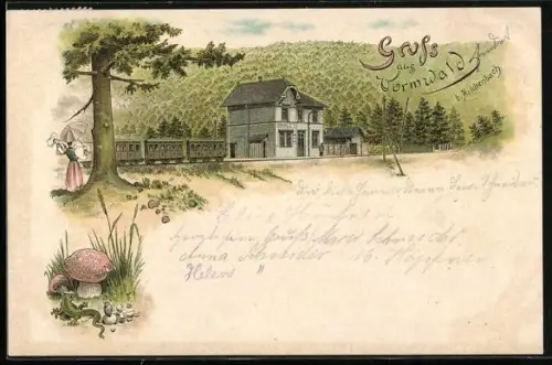 Lithographie Vormwald b. Hilchenbach, Bahnhof mit sich verabschiedender Dame