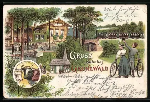 Lithographie Berlin-Grunewald, Bahnhof, Bier-Ausschank, Eisenbahn, Fahrrad, Station für Radfahrer, Kühe
