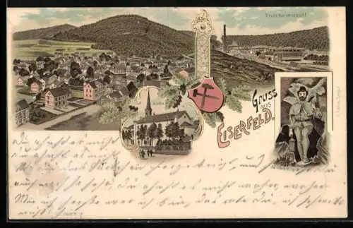 Lithographie Eiserfeld, Totalansicht des Ortes, Kirche und Grube Kaiserschacht