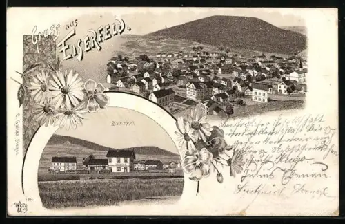 Lithographie Eiserfeld, Totalansicht des Ortes und Bahnhof