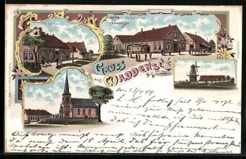 Lithographie Waddens, Schmale`s Gasthof & Post, Gasthaus Ant. Reumann, Mühle