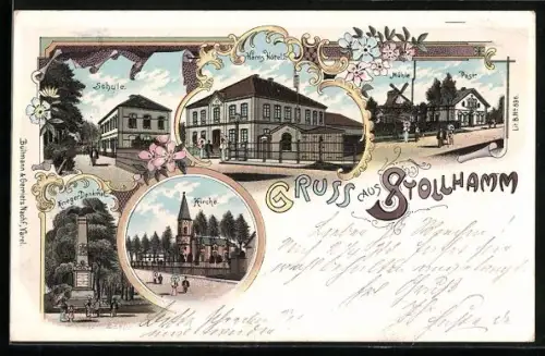Lithographie Stollhamm, Harms Hotel, Schule, Mühle, Post, Kriegerdenkmal und Kirche