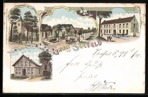 Lithographie Seefeld / Oldenburg, Kaiserl. Post, Maas Hotel, Kirche und Strassenpartie mit Kutsche