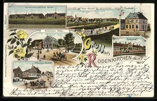 Lithographie Rodenkirchen / Oldenburg, Neuhaus Gasthof, Schmedes Hotel, Bahnhof, Marktplatz