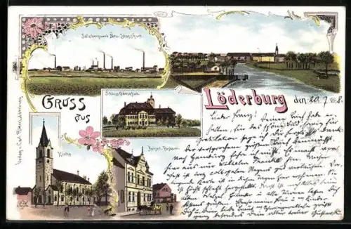 Lithographie Löderburg, Salzbergwerk Neu-Stassfurt, Schloss Gänsefurt, Kirche u. Postamt