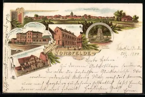 Lithographie Vorsfelde, Gesamtansicht, Bahnhof, ältestes Haus erbaut 1592, Postamt & Kriegerdenkmal