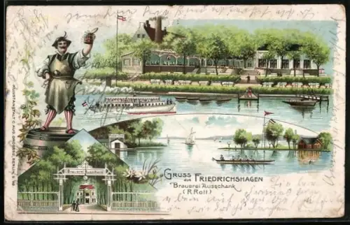 Lithographie Berlin-Friedrichshagen, Brauerei und Ausschank R. Rott, Ruderclub