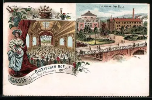 Lithographie Elberfeld, Brausenwerther Platz und Gasthof Clevischer Hof, Inh. Hugo Feldermann