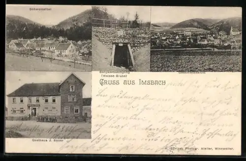 AK Imsbach, Gesamtansicht, Schweinsthal, Bergwerkseingang zur Weissen Grube und Gasthaus J. Bauer