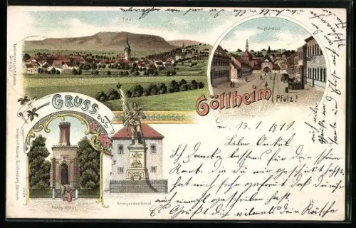 Lithographie Göllheim, König Kreuz, Kriegerdenkmal, Hauptstrasse, Totalansicht mit Kirche