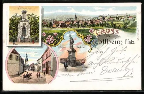 Lithographie Göllheim /Pfalz, Königkreuz, Hauptstrasse, Kriegerdenkmal