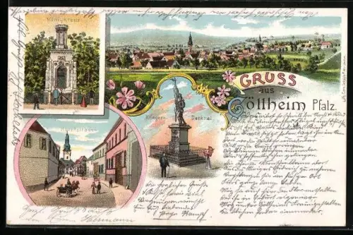 Lithographie Göllheim, Kriegerdenkmal, König-Kreuz, Strassenansicht, Gesamtansicht