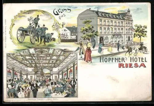 Lithographie Riesa, Höpfner`s Hotel, Soldaten mit Geschütz und Grosser Concert- und Ballsaal