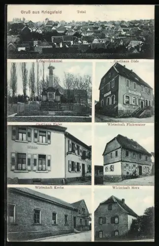 AK Kriegsfeld, Totalansicht, Kriegerdenkmal, Gasthaus Obée, Gasthaus Euler, Wirtschaften Finkenauer, Krebs und Merz