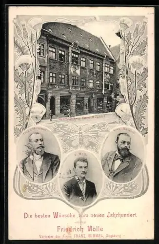 AK Augsburg, Geschäftshaus Franz Hummel, Alex Hummel, Franz Hummel u. F. Mölle im Porträt