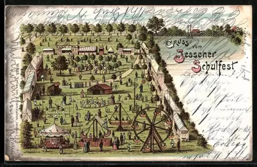 Lithographie Jessen / Halle, Schulfest aus der Vogelschau