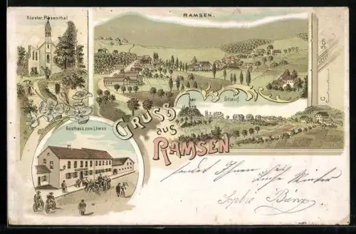 Lithographie Ramsen, Gasthaus zum Löwen, Kloster Rosenthal, Totalansicht
