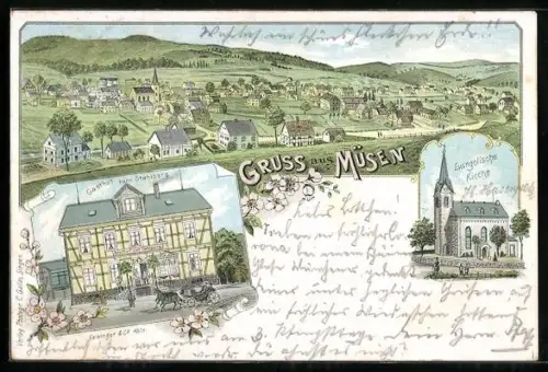 Lithographie Müsen, Gasthof zum Stahlberg und Evangelische Kirche