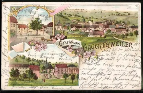 Lithographie Gaugrehweiler, Marktplatz, Kirche und Umgebung, Ortsansicht aus der Vogelschau