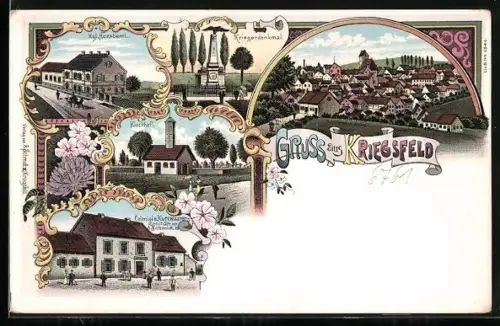 Lithographie Kriegsfeld, Kriegerdenkmal, Kgl. Forstamt, Colonialwaren-Geschäft v. A. Schmidt III., Kirchhof