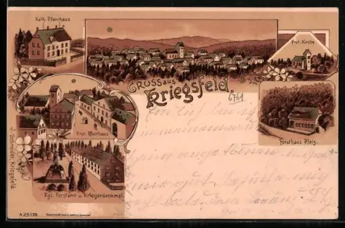 Lithographie Kriegsfeld, Kgl. Forstamt und Kriegerdenkmal, Gasthaus Forsthaus Pfalz, Kirche und Pfarrhaus, Ortsansicht