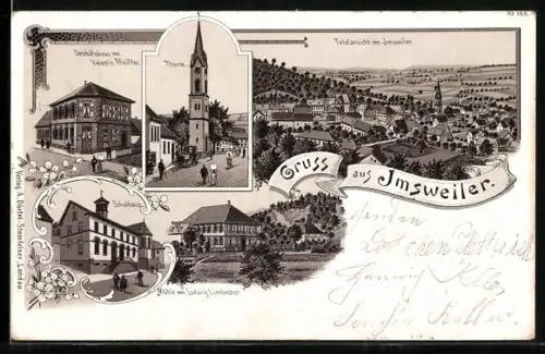 Lithographie Imsweiler, Geschäftshaus von Valentin Pfeiffer, Mühle von Ludwig Limbacher, Schulhaus und Turm