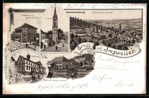 Lithographie Imsweiler, Mühle von Ludwig Limbacher, Geschäftshaus von Valentin Pfeiffer, Turm, Schulhaus, Totalansicht
