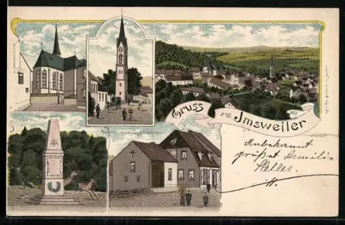 Lithographie Imsweiler, Bäckerei u. Handlung v. Jakob Keller, Kriegerdenkmal, Kirche und Turm, Ortsansicht