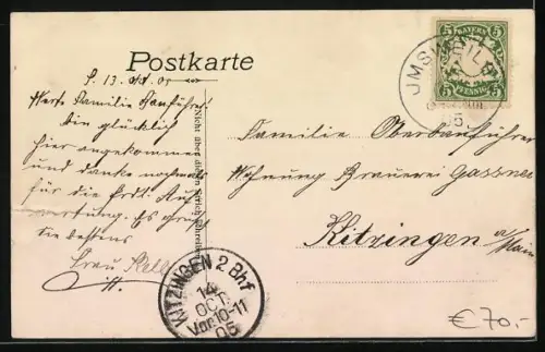 Lithographie Imsweiler, Bäckerei u. Handlung v. Jakob Keller, Kriegerdenkmal, Kirche und Turm, Ortsansicht