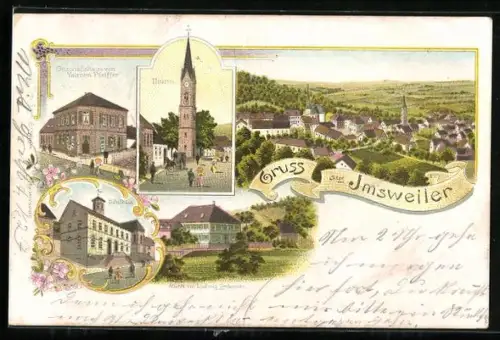Lithographie Imsweiler, Schule, Mühle v. Ludwig Limbacher, Geschäftshaus v. Valentin Pfeiffer, Turm und Ortsansicht
