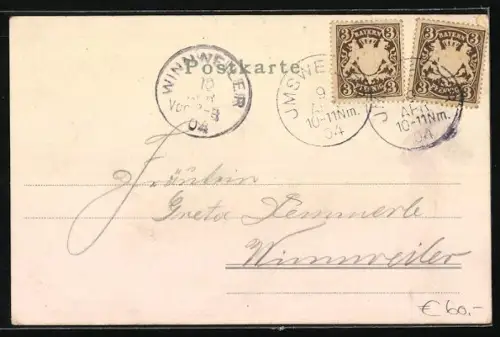 Lithographie Imsweiler, Schule, Mühle v. Ludwig Limbacher, Geschäftshaus v. Valentin Pfeiffer, Turm und Ortsansicht