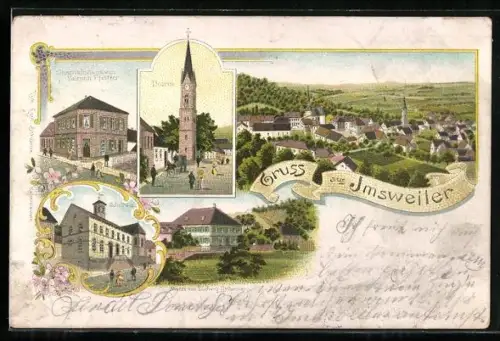 Lithographie Imsweiler, Mühle von Ludwig Limbacher, Kirche, Turm und Geschäftshaus von Valentin Pfeiffer