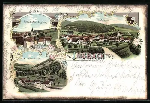 Lithographie Imsbach /Pfalz, Kath. Kirche und Umgebung, Blick ins Schweinsthal, Ortsansicht aus der Vogelschau