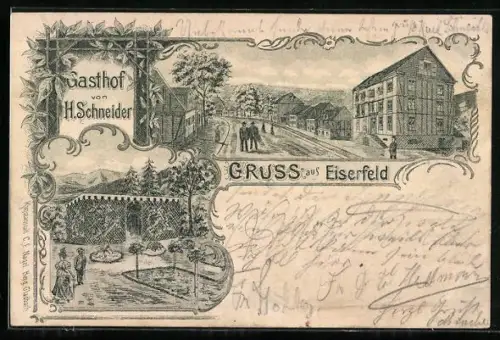 Lithographie Eiserfeld, Gasthof v. H. Schneider, Strassenpartie und Parkanlage