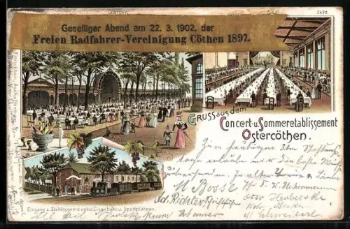Lithographie Cöthen, Concert- u. Sommeretablissement Ostercöthen, Treffen der Freien Radfahrer-Vereinigung Cöthen 1902