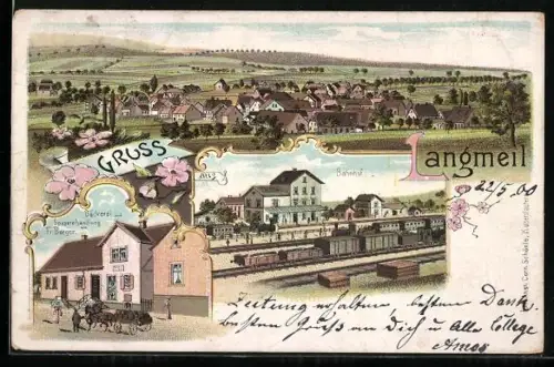 Lithographie Langmeil, Bahnhof, Bäckerei u. Spezereihandlung v. Fr. Berger, Gesamtansicht