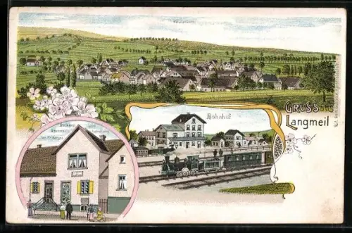Lithographie Langmeil, Bahnhof, Bäckerei u. Spezereihandlung v. Fr. Berger, Ortsansicht aus der Vogelschau